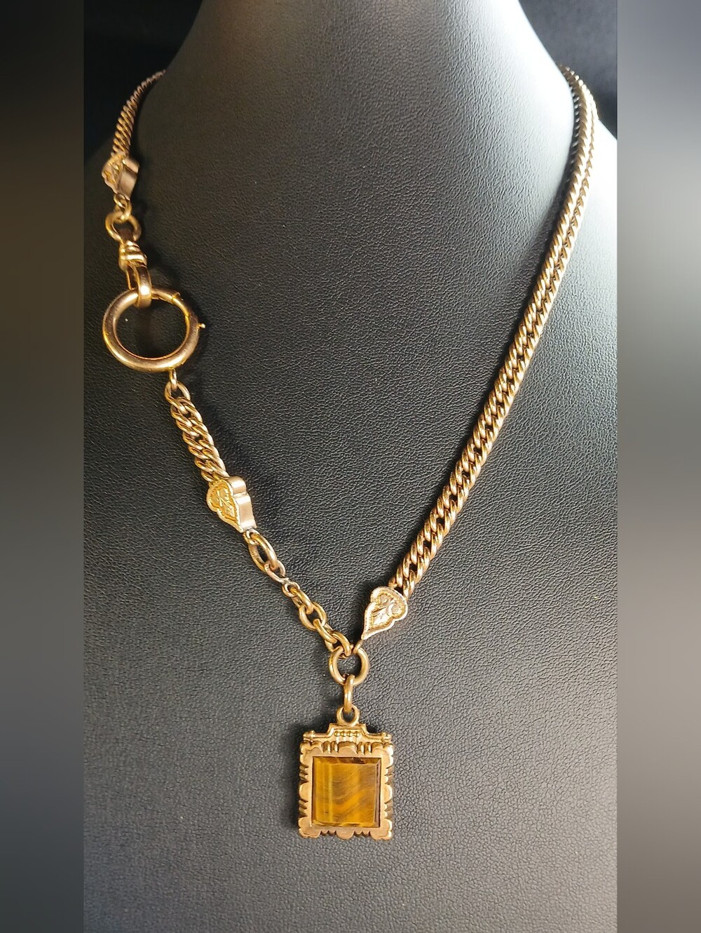 Antique Gold Filled Watch Chain Necklace Intaglio Tigers Eye Fob 18.5"